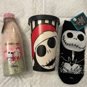 Disney Lot The Nightmare Before Christmas Tumbler w/ straw, Bath Crystals, Socks